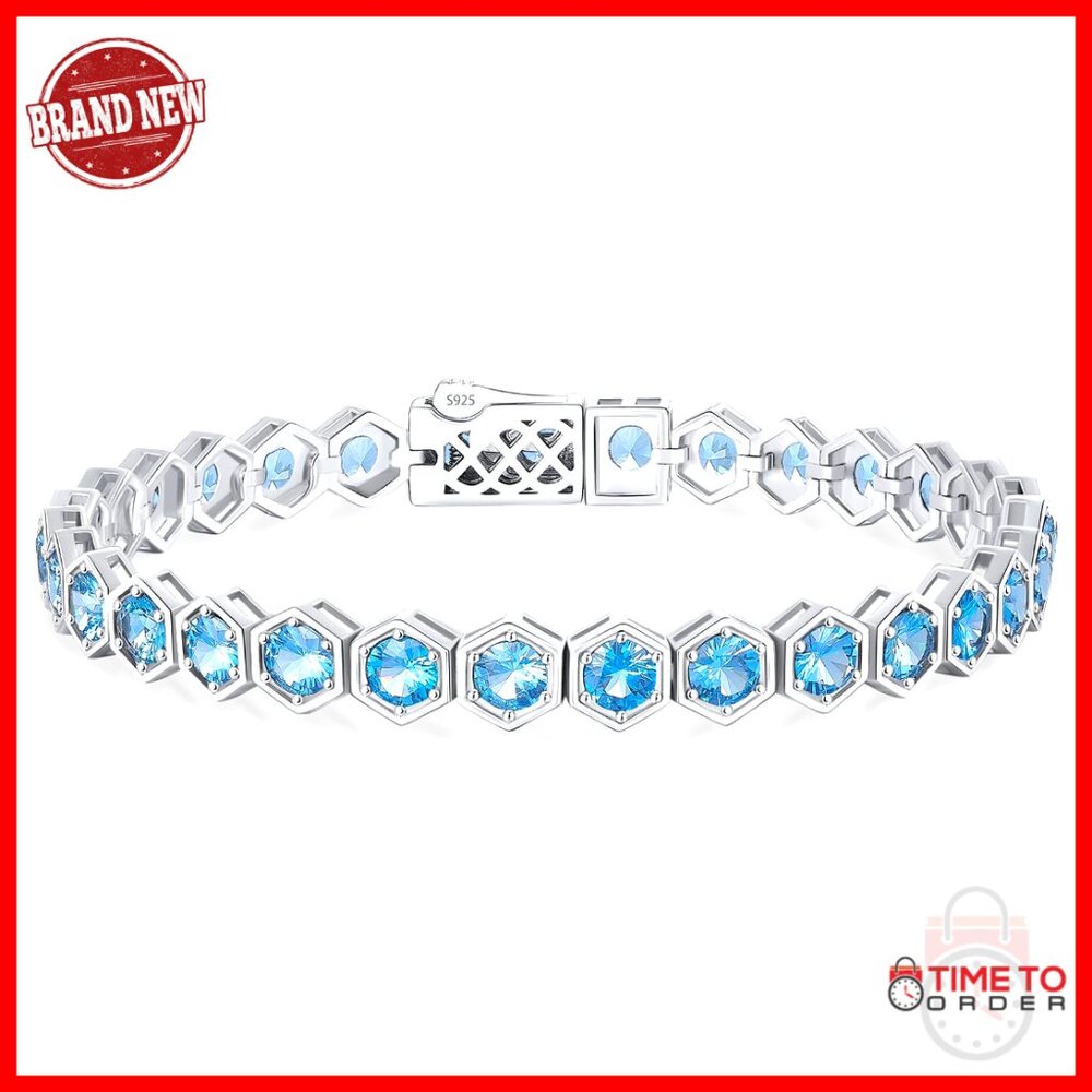 Sterling Silver Tennis Bracelet 7 Inch 925 Silver Blue Topaz Birthstone